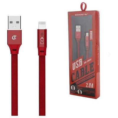 SOMOSTEL Cablu Date USB IPHONE 2.0A RED 2400mAh QUICK CHARGER QC 3.0 1M POWERLINE Sm-BW04 LIGHTNING - FLAT TEXTILE BRAID + LED + AUTO POWER OFF SYSTEM