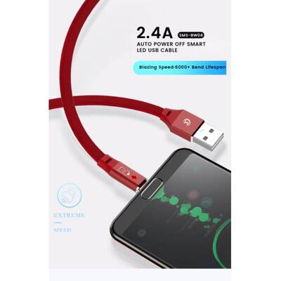 SOMOSTEL Cablu Date USB TYPE-C 2.0A RED 2400mAh QUICK CHARGER QC 3.0 1M POWERLINE Sm-BW04 LIGHTNING - FLAT TEXTILE BRAID + LED + AUTO POWER OFF SYSTEM