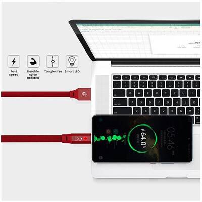 SOMOSTEL Cablu Date USB TYPE-C 2.0A RED 2400mAh QUICK CHARGER QC 3.0 1M POWERLINE Sm-BW04 LIGHTNING - FLAT TEXTILE BRAID + LED + AUTO POWER OFF SYSTEM
