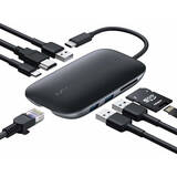 AUKEY CB-C71 HUB aluminiu USB-C | 8in1 | RJ45 Ethernet 10/100/1000Mbps | 3xUSB 3.1 | HDMI 4k@30Hz | SD și microSD | Alimentare USB-C 100W