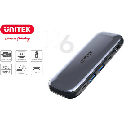 Hub USB UNITEK H6 Storage 6-în-1 USB-C M.2 SSD Hub de stocare cu date de 10 Gbps, HDMI și PD 100 W