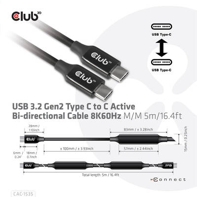 CLUB 3D Cablu Date USB 3.2 Gen2 Type C to C Active Bi-directional Cable 8K60Hz M/M 5m/16.4ft