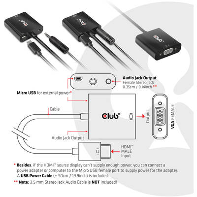 Adaptor CLUB 3D CAC-1302 video cable  0.5 m HDMI Type A (Standard) VGA (D-Sub) Black