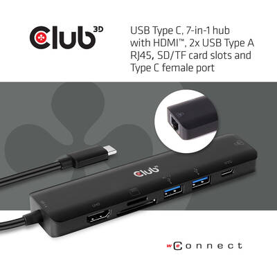 Hub USB CLUB 3D USB Type C 3.2 Gen1 7in1 HDMI 4K60Hz SD TF Card slot 2x USB Type A USB Type C PD RJ45