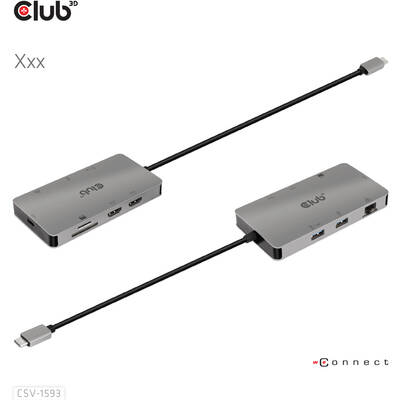 Hub USB CLUB 3D USB 3.2 Gen1 Type-C 8-in-1 with 2x HDMI, 2x USB-A, RJ45, SD/ Micro SD card slots and USB Type-C female port