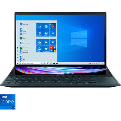Ultrabook Asus 14'' ZenBook Duo 14 UX482EG, FHD Touch, Procesor Intel Core i7-1165G7 (12M Cache, up to 4.70 GHz, with IPU), 16GB DDR4X, 1TB SSD, GeForce MX450 2GB, Win 10 Pro, Celestial Blue