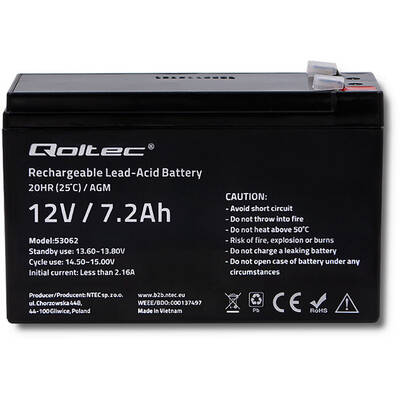 QOLTEC 53062 AGM battery | 12V | 7.2 Ah | max 108A