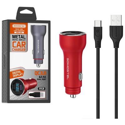 SOMOSTEL Incarcator 5A RED + METER + CABLE TYPE-C 30W 2XUSB DUAL SMS-A89 QUICK CHARGE 3.0 METAL-POWER DELIVERY