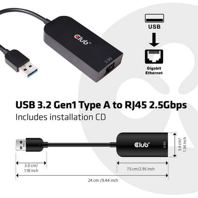 Placa de Retea CLUB 3D USB 3.2 Gen1 Type A to RJ45 2.5Gbps Adapter