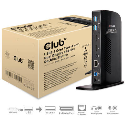 Docking Station CLUB 3D USB3.2 Gen1 Type A or C Dual Display 4K60Hz DisplayLink® Certified