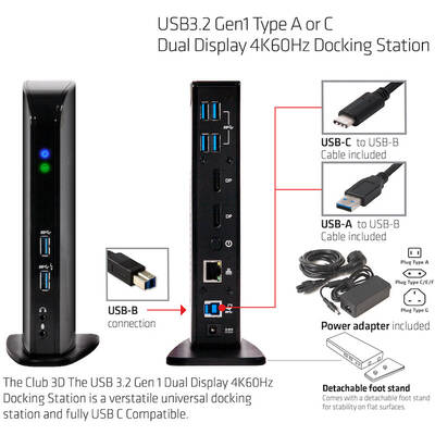 Docking Station CLUB 3D USB3.2 Gen1 Type A or C Dual Display 4K60Hz DisplayLink® Certified