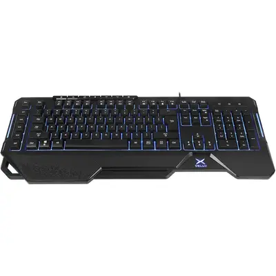 Tastatura Delux Gaming, cu fir, 104 taste, multimedia 7 taste, RGB backlight, palm rest, software, USB, Negru