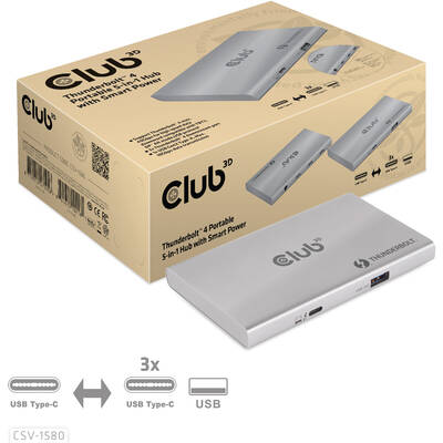 Hub USB portabil 5-în-1 certificat Thunderbolt™4 CLUB 3D cu putere inteligentă