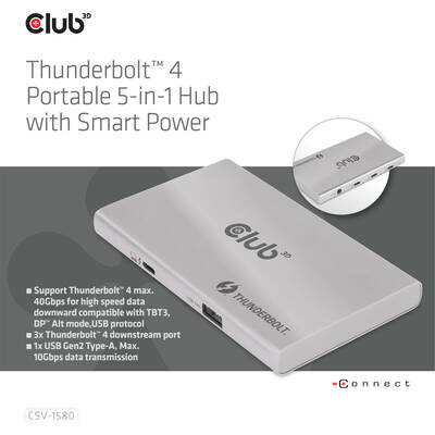 Hub USB portabil 5-în-1 certificat Thunderbolt™4 CLUB 3D cu putere inteligentă