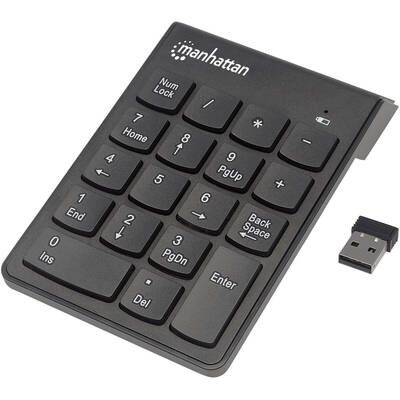 Tastatura numerică Manhattan, wireless (2,4 GHz), microreceptor USB-A, 18 taste de dimensiune completă, negru