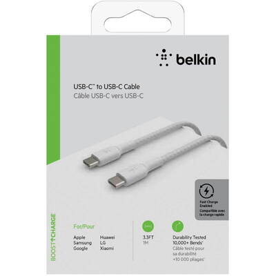 BELKIN Cablu Date USB-C/USB-C Cable 1m coated, white CAB004bt1MWH