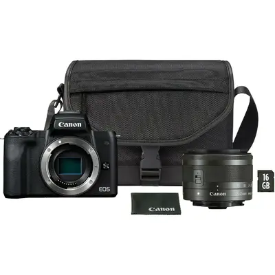 Aparat foto DSLR Canon Aparat foto mirrorless EOS-M50 Mark II, 24.1 MP, 4K, Wi-Fi, Negru, + Obiectiv 15-45mm + Geanta + Card memorie 16GB