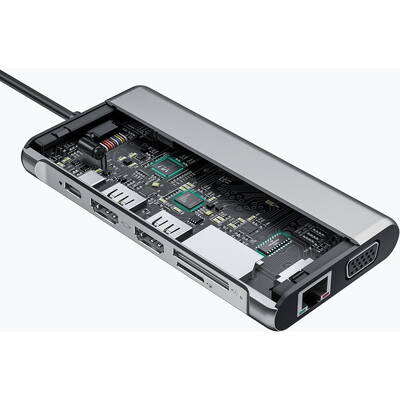 Hub USB Hub de interfață AUKEY CB-C78 5000 Mbit/s Negru | Aluminiu | 12 în 1 | RJ45 Ethernet 10/100/1000Mbps | 2xUSB 3.1 | 2xUSB 2.0 | 2xHDMI 4k@30Hz | VGA | SD și microSD | USB-C