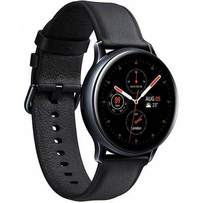 Smartwatch Samsung Galaxy Watch Active 2 (2019), 40 mm, otel negru, curea piele negru, Wi-Fi, Bluetooth, GPS, NFC, rezistent la apa