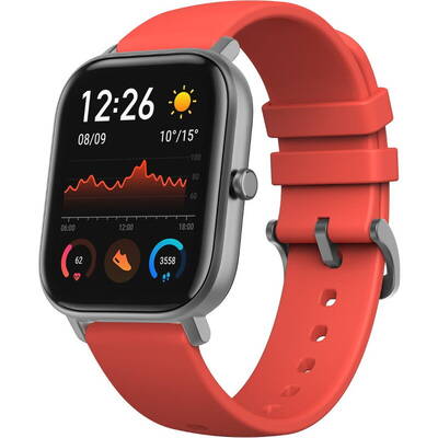 Smartwatch Amazfit GTS, Vermillion Orange, curea silicon, Bluetooth si senzor PPG, recomandat pentru inot, autonomie pana la 14 zile