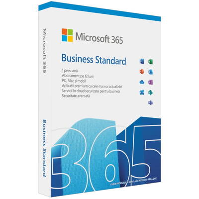 Microsoft Aplicatie 365 Business Standard 64-bit, Engleza, Subscriptie 1 An, 1 Utilizator, Medialess Retail