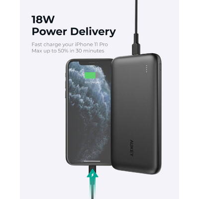 AUKEY PB-N73 Power Bank negru 10000 mAh | 3xUSB | Încărcare rapidă 3.0 | Livrarea energiei | USB-C