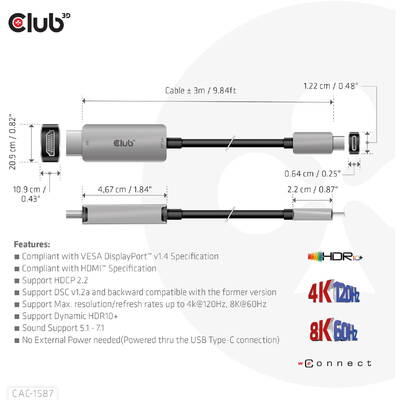CLUB 3D Cablu USB Gen2 Type-C la HDMI 4K120Hz 8K60Hz HDR10 cu cablu activ DSC1.2 M/M 3m / 9.84ft