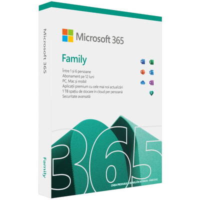 Microsoft Aplicatie 365 Family 64-bit, Engleza, Subscriptie 1 an, 6 Utilizatori, Medialess Retail