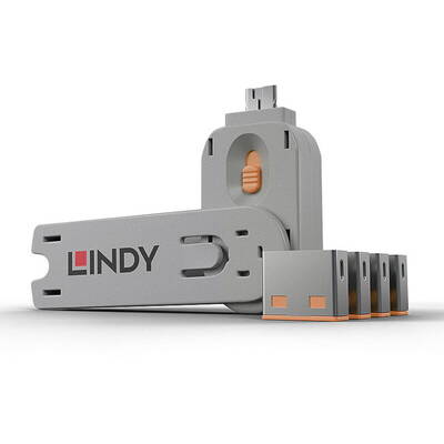 Adaptor Lindy Dispozitiv blocare port USB tip A, 4 bucati + cheie, portocaliu