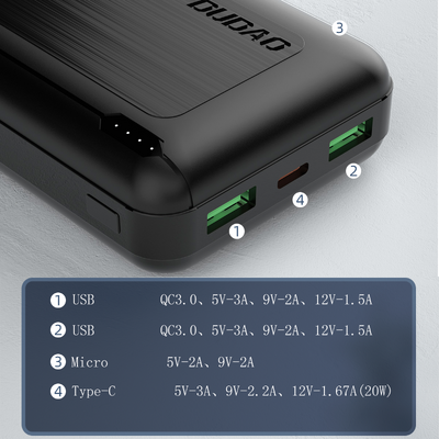 Baterie Externa Dudao 20000 mAh Putere de livrare 20 W incarcare rapida 3.0 2x USB / USB Tip C alb (K12PQ + alb)