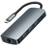 Hub USB Remax Retor Series RU-U91 9in1 USB-C , 3x USB 3.0, USB-C, RJ45, HDMI, 3.5 mm, SD/TF Gri