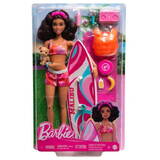 Papusa MATTEL Barbie Doll with Surfboard and Puppy, Poseable Brunette Barbie Beach Doll