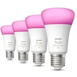4 Becuri LED RGB inteligente Hue A60, Bluetooth, E27, 6.5W (60W), 806 lm, lumina alba si color (2200-6500K)