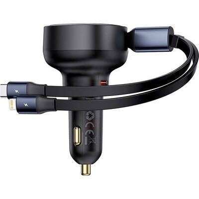 Baseus Încărcător auto Enjoyment USB-C cu cablu USB-C și Lightning 60W (negru)