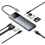 Hub USB Baseus 11 în 1 Seria Metal Gleam USB-C la USB-C PD / USB-C / 3x USB-A / HDMI / AUX / RJ-45 / SD TF - gri