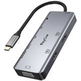 Docking Station 9in1 RayCue USB-C la 2x USB-A 3.0 5Gbps + 2x SD/TF 3.0 + 2x HDMI 4K30Hz + VGA 1080p + mufă 3.5mm + PD 3.0 100W (gri)