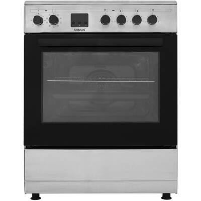 Aragaz electric Samus SM664VTE, 4 zone de gatit vitroceramice, latime 60 cm, cuptor cu 10 functii, grill, convectie 3D, timer digital, lumina interioara, argintiu