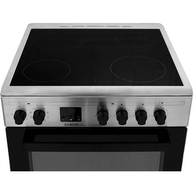 Aragaz electric Samus SM664VTE, 4 zone de gatit vitroceramice, latime 60 cm, cuptor cu 10 functii, grill, convectie 3D, timer digital, lumina interioara, argintiu