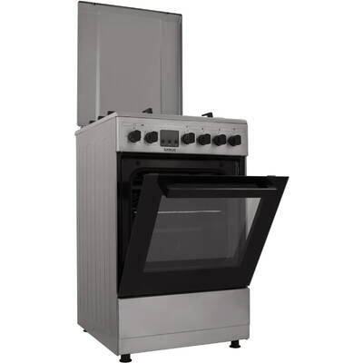 Aragaz Samus SM563AENS, 4 arzatoare pe gaz, cuptor electric, 7 functii, grill, ventilator, timer digital, latime 50 cm, argintiu