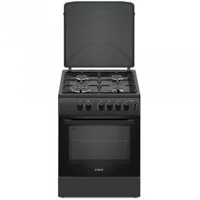 Aragaz pe gaz Samus SM664BPGS Antracit, 4 arzatoare, cuptor pe gaz 70 litri, 1 arzator Wok, aprindere electrica, dispozitiv siguranta plita si cuptor, timer, grill, latime 60 cm, negru