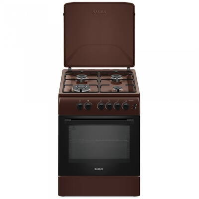 Aragaz pe gaz Samus SM664MPGS, 4 arzatoare, cuptor pe gaz 70 litri, 1 arzator Wok, aprindere electrica, dispozitiv siguranta plita si cuptor, timer, grill, latime 60 cm, maro