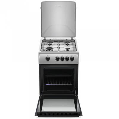 Aragaz pe gaz Samus SM561BXS, 4 arzatoare, cuptor pe gaz 54 litri, dispozitiv siguranta plita si cuptor, geam dublu la cuptor, capac metalic, latime 50 cm, argintiu