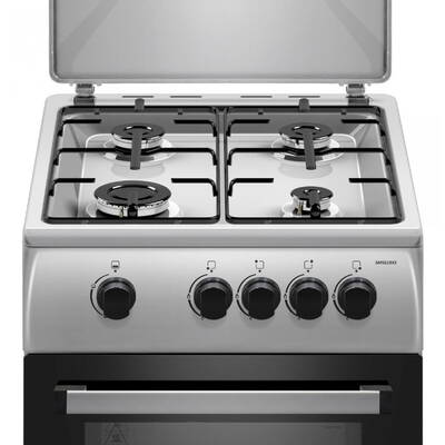 Aragaz pe gaz Samus SM561BXS, 4 arzatoare, cuptor pe gaz 54 litri, dispozitiv siguranta plita si cuptor, geam dublu la cuptor, capac metalic, latime 50 cm, argintiu