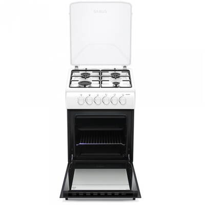 Aragaz pe gaz Samus SM561APBS, 4 arzatoare, cuptor pe gaz 54 litri, aprindere electrica plita, dispozitiv siguranta plita si cuptor, geam dublu la cuptor, timer mecanic, capac metalic, latime 50 cm, alb