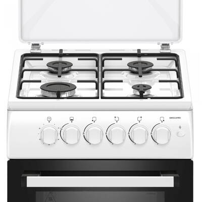 Aragaz pe gaz Samus SM561APBS, 4 arzatoare, cuptor pe gaz 54 litri, aprindere electrica plita, dispozitiv siguranta plita si cuptor, geam dublu la cuptor, timer mecanic, capac metalic, latime 50 cm, alb
