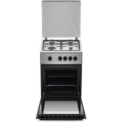 Aragaz pe gaz Albatros AL452BXS, 4 arzatoare, cuptor pe gaz 52 litri, dispozitiv siguranta plita si cuptor, geam dublu la cuptor, capac metalic, latime 50 cm, argintiu