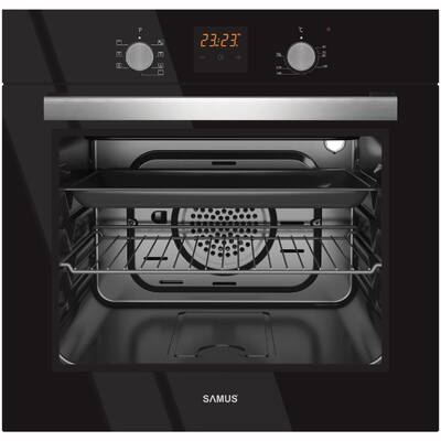 Cuptor electric incorporabil Samus SC619EGV, clasa A, 62 litri, 6 functii, grill, ventilator, timer, afisaj LCD, 2200 W, negru