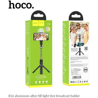 Selfie Stick Bluetooth cu Telecomanda, Lumini LED si Trepied, 80cm - Hoco (K16) - Black