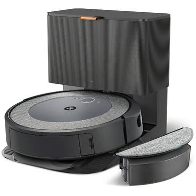 Robot de aspirare cu mop, iRobot Combo i5+, i557840, golire automata in CleanBase, sistem de curatare Aeroforce in 4 etape, recipient lavabil, wi-fi, navigare inteligenta si harta, control prin aplicatia iRobot Home, Dirt Detect, gri/negru