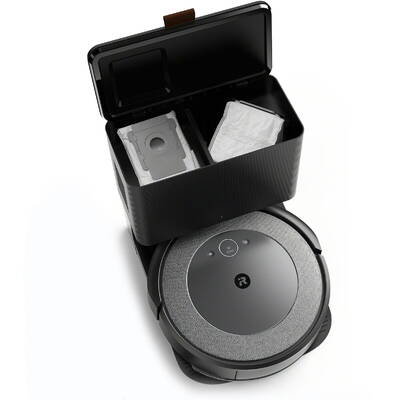Robot de aspirare cu mop, iRobot Combo i5+, i557840, golire automata in CleanBase, sistem de curatare Aeroforce in 4 etape, recipient lavabil, wi-fi, navigare inteligenta si harta, control prin aplicatia iRobot Home, Dirt Detect, gri/negru